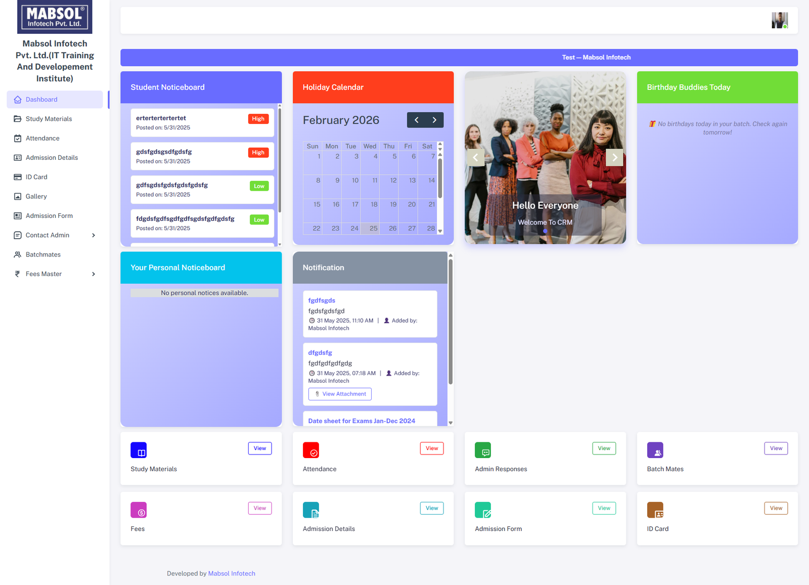 Institute Student Dashboard